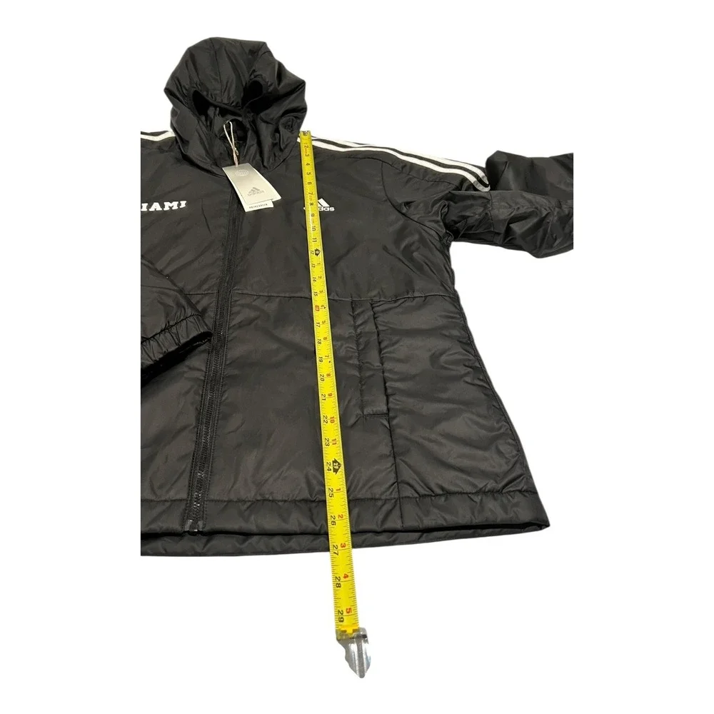 NWT Adidas Miami Men's L Black Full-Zip‎ Hooded Jacket White Stripes Logo